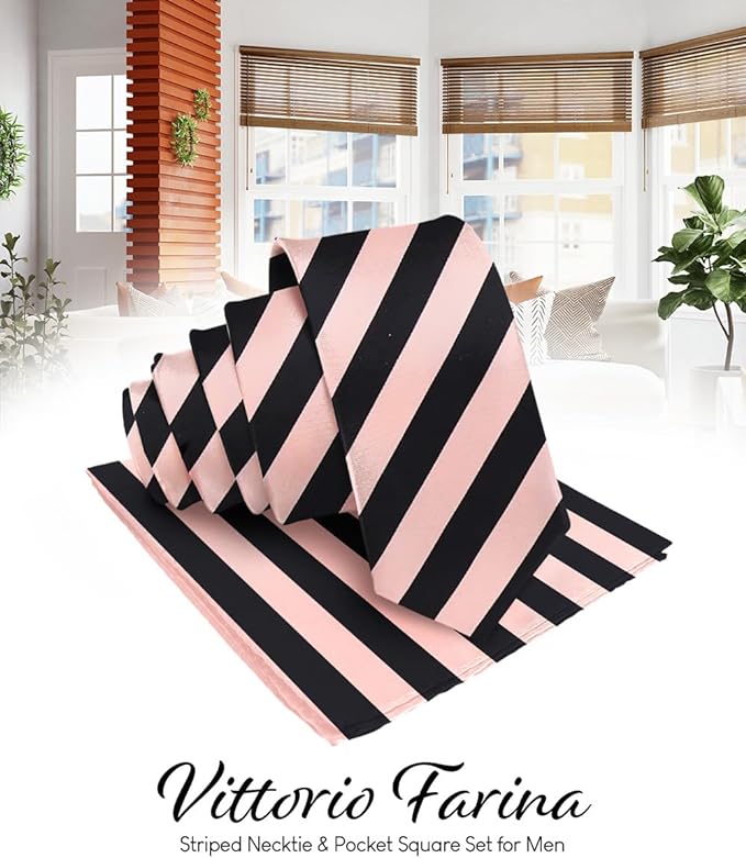 Vittorio Farina Men's Striped Satin Necktie & Pocket Square - Purple and White - Necktie & Pocket Square - Vittorio Farina