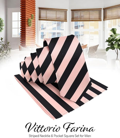 Vittorio Farina Men's Striped Satin Necktie & Pocket Square - Purple and White - Necktie & Pocket Square - Vittorio Farina