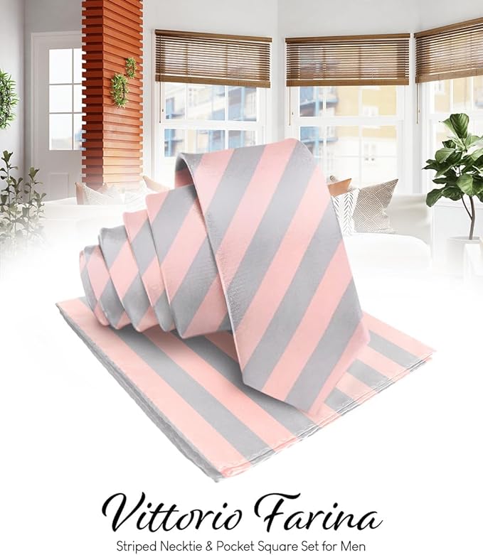 Vittorio Farina Men's Striped Satin Necktie & Pocket Square - Pink and Gray - Necktie & Pocket Square - Vittorio Farina
