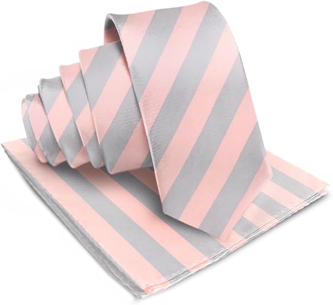 Vittorio Farina Men's Striped Satin Necktie & Pocket Square - Pink and Gray - Necktie & Pocket Square - Vittorio Farina