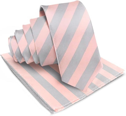 Vittorio Farina Men's Striped Satin Necktie & Pocket Square - Pink and Gray - Necktie & Pocket Square - Vittorio Farina