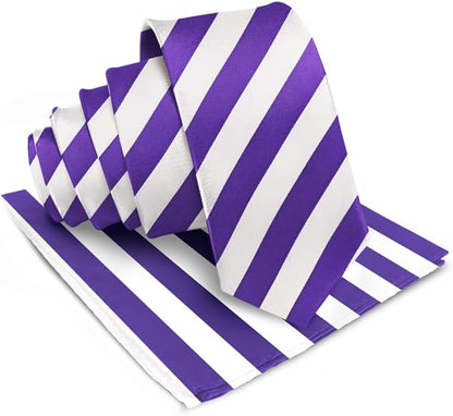 Vittorio Farina Men's Striped Satin Necktie & Pocket Square - Purple and White - Necktie & Pocket Square - Vittorio Farina