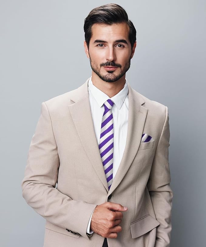 Vittorio Farina Men's Striped Satin Necktie & Pocket Square - Purple and White - Necktie & Pocket Square - Vittorio Farina