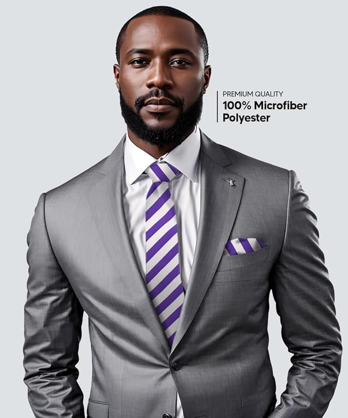 Vittorio Farina Men's Striped Satin Necktie & Pocket Square - Purple and White - Necktie & Pocket Square - Vittorio Farina