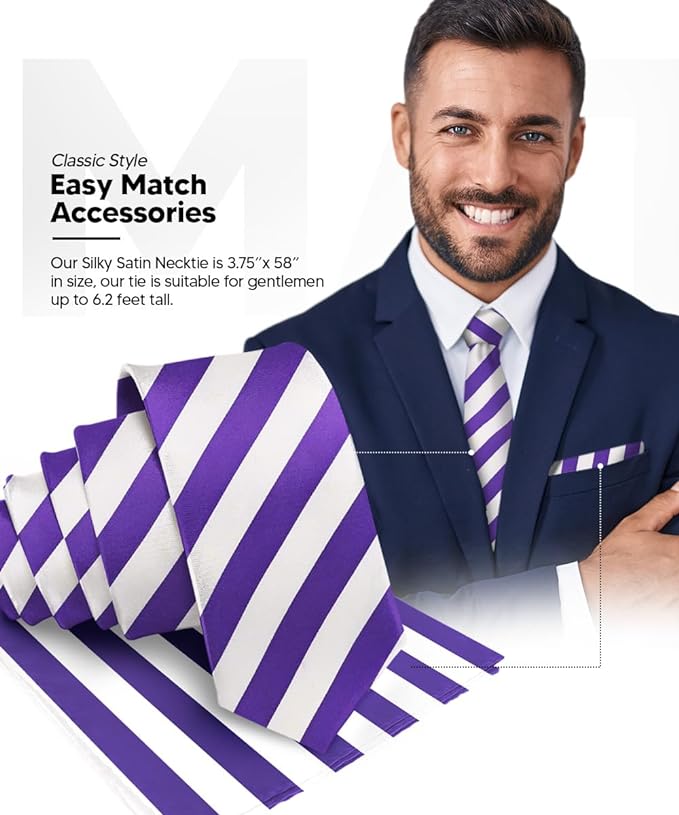 Vittorio Farina Men's Striped Satin Necktie & Pocket Square - Purple and White - Necktie & Pocket Square - Vittorio Farina