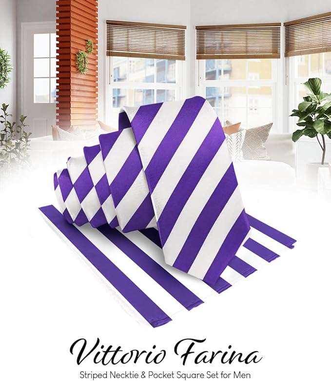Vittorio Farina Men's Striped Satin Necktie & Pocket Square - Purple and White - Necktie & Pocket Square - Vittorio Farina