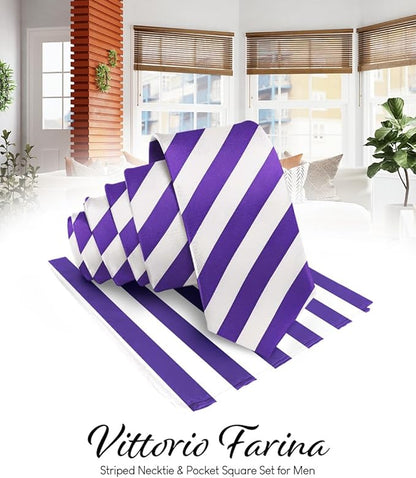 Vittorio Farina Men's Striped Satin Necktie & Pocket Square - Purple and White - Necktie & Pocket Square - Vittorio Farina