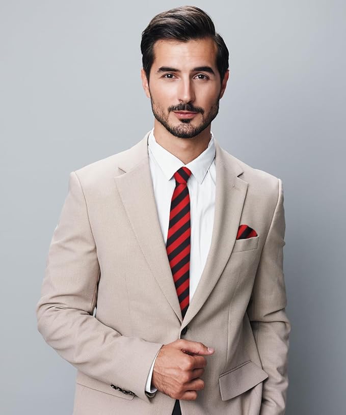 Vittorio Farina Men's Striped Satin Necktie & Pocket Square - Red and Black - Necktie & Pocket Square - Vittorio Farina