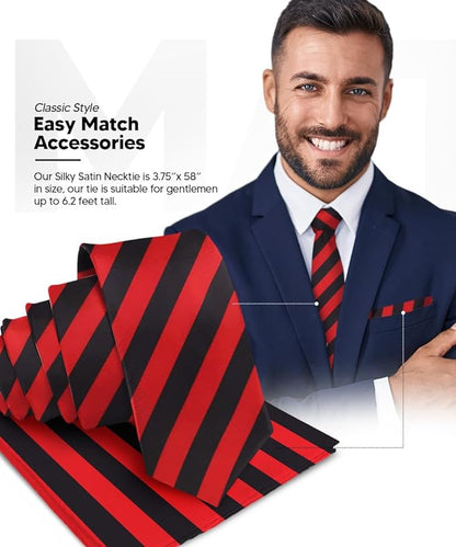 Vittorio Farina Men's Striped Satin Necktie & Pocket Square - Red and Black - Necktie & Pocket Square - Vittorio Farina