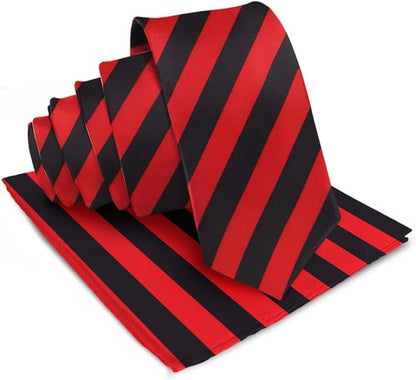Vittorio Farina Men's Striped Satin Necktie & Pocket Square - Red and Black - Necktie & Pocket Square - Vittorio Farina
