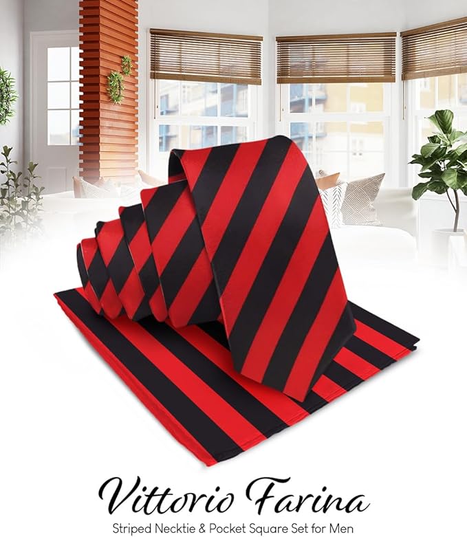 Vittorio Farina Men's Striped Satin Necktie & Pocket Square - Red and Black - Necktie & Pocket Square - Vittorio Farina