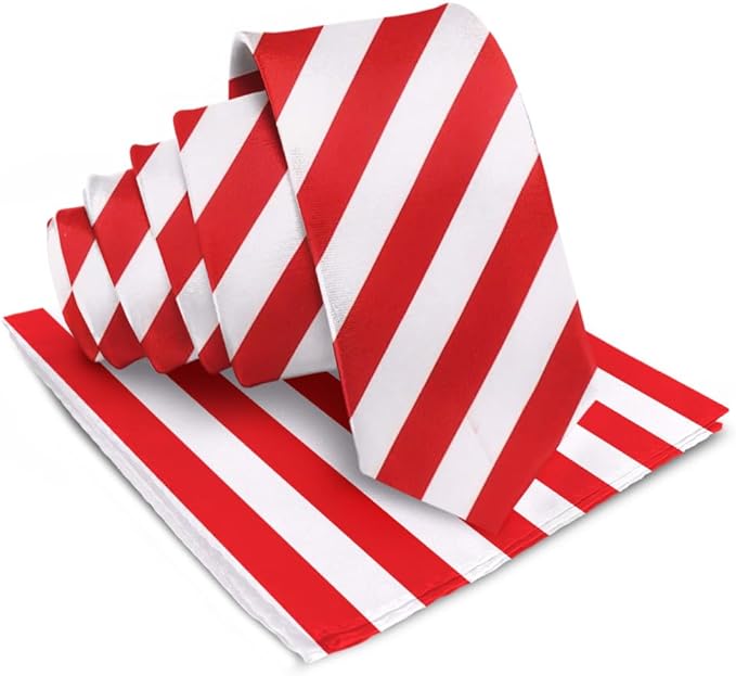 Vittorio Farina Men's Striped Satin Necktie & Pocket Square - Red and White - Necktie & Pocket Square - Vittorio Farina