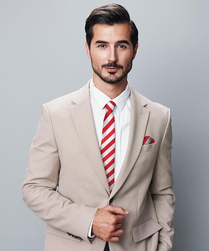 Vittorio Farina Men's Striped Satin Necktie & Pocket Square - Red and White - Necktie & Pocket Square - Vittorio Farina