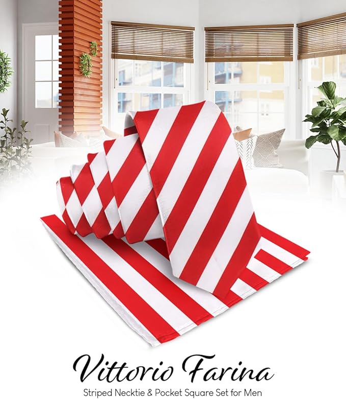 Vittorio Farina Men's Striped Satin Necktie & Pocket Square - Pink and Black - Necktie & Pocket Square - Vittorio Farina