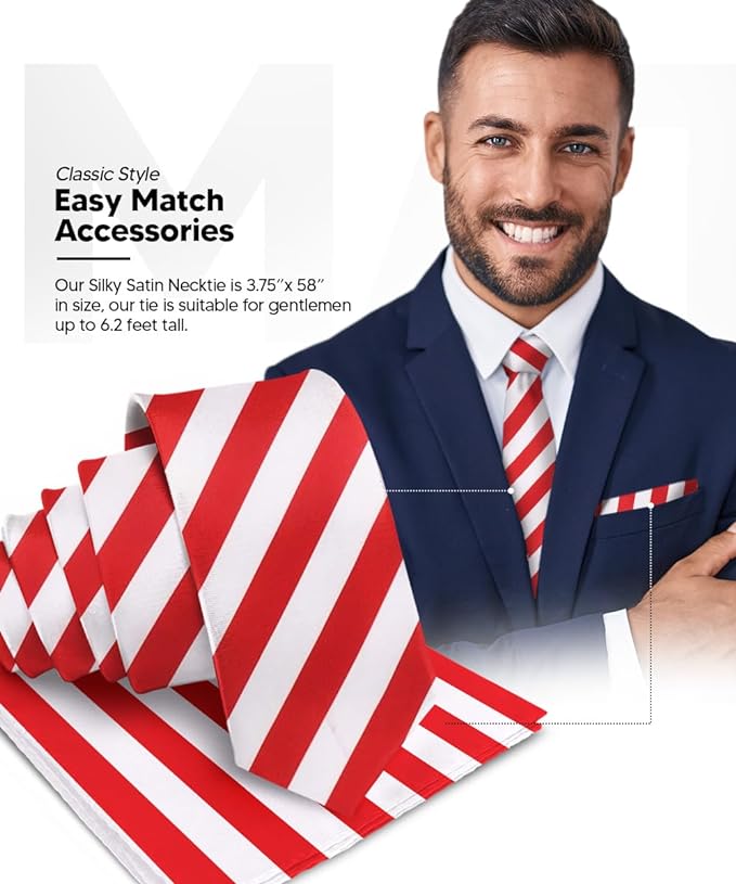 Vittorio Farina Men's Striped Satin Necktie & Pocket Square - Red and White - Necktie & Pocket Square - Vittorio Farina