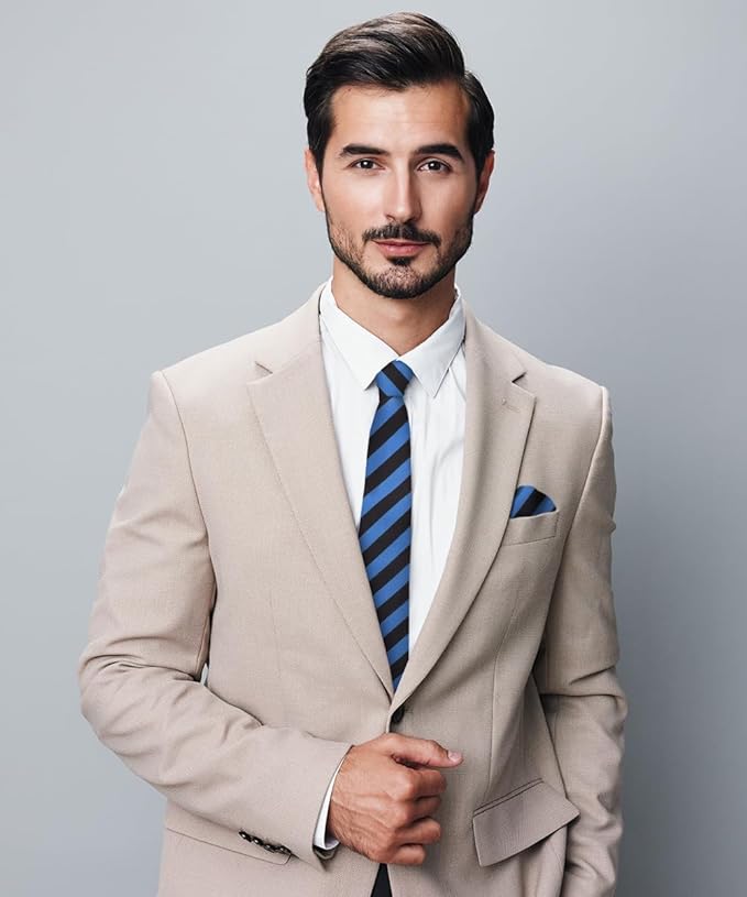 Vittorio Farina Men's Striped Satin Necktie & Pocket Square - Royal Blue and Black - Necktie & Pocket Square - Vittorio Farina