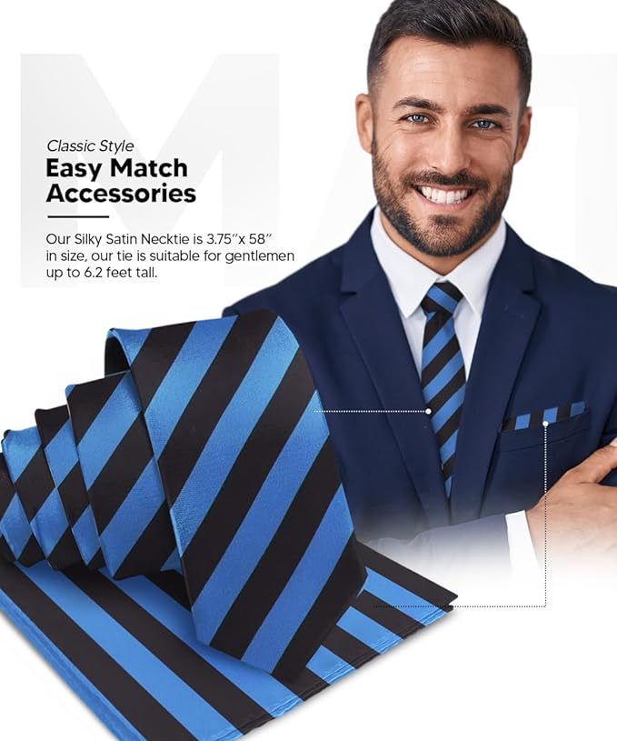 Vittorio Farina Men's Striped Satin Necktie & Pocket Square - Royal Blue and Black - Necktie & Pocket Square - Vittorio Farina