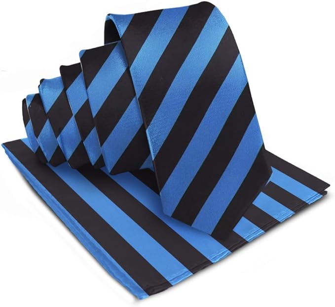 Vittorio Farina Men's Striped Satin Necktie & Pocket Square - Royal Blue and Black - Necktie & Pocket Square - Vittorio Farina