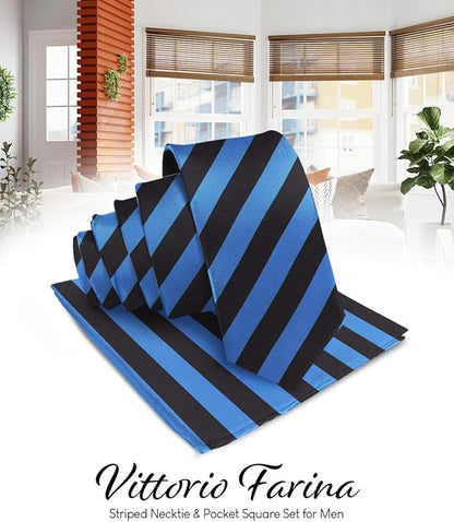 Vittorio Farina Men's Striped Satin Necktie & Pocket Square - Pink and Black - Necktie & Pocket Square - Vittorio Farina