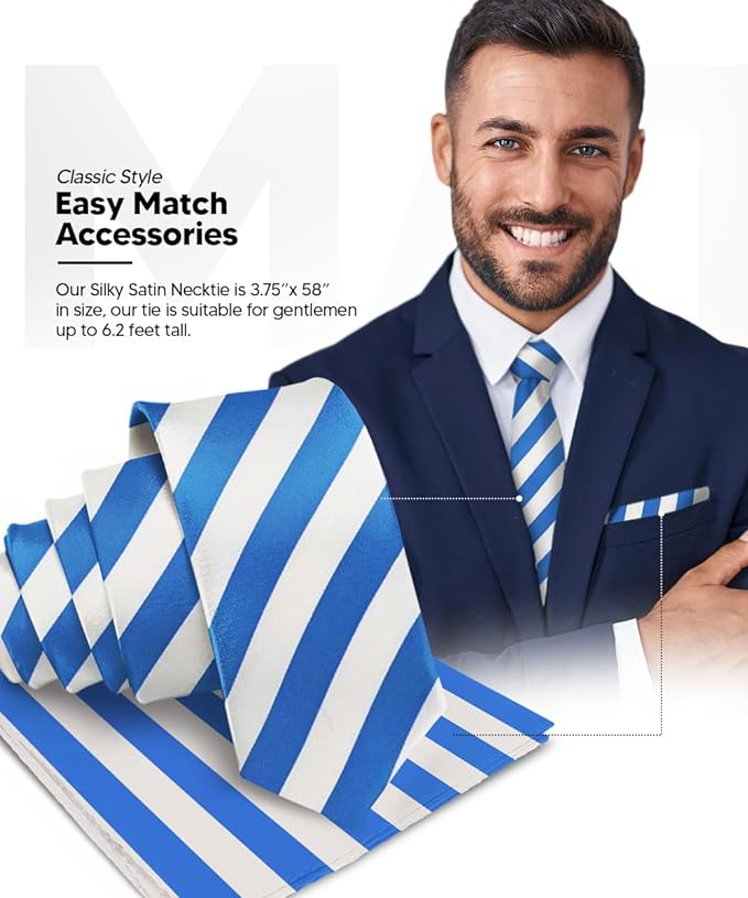 Vittorio Farina Men's Striped Satin Necktie & Pocket Square - Royal Blue and White - Necktie & Pocket Square - Vittorio Farina