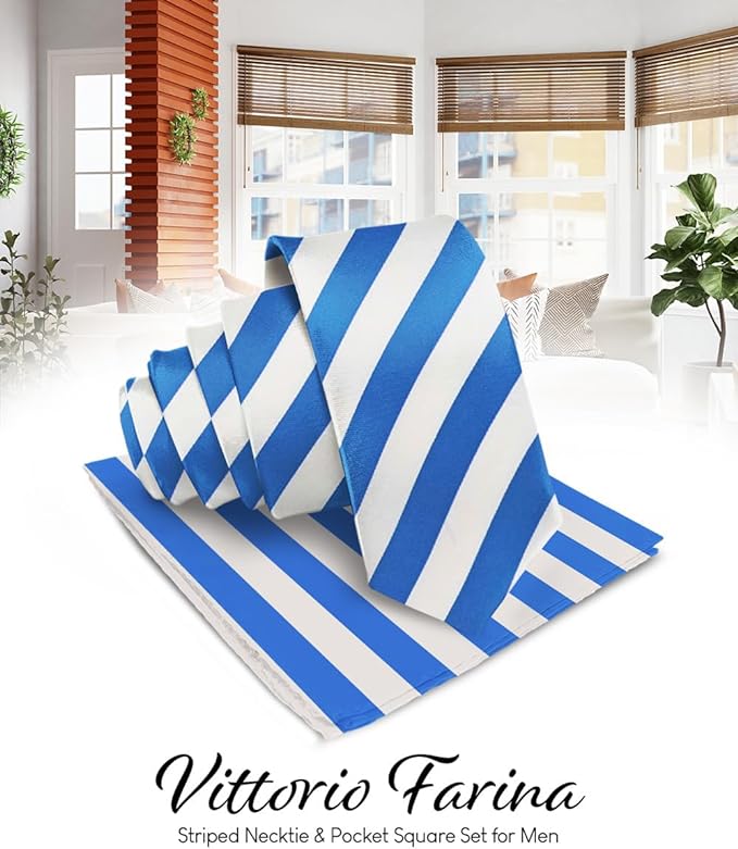 Vittorio Farina Men's Striped Satin Necktie & Pocket Square - Royal Blue and White - Necktie & Pocket Square - Vittorio Farina