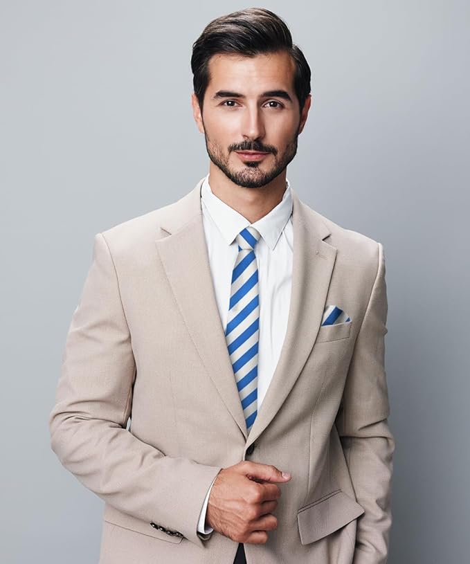 Vittorio Farina Men's Striped Satin Necktie & Pocket Square - Royal Blue and White - Necktie & Pocket Square - Vittorio Farina