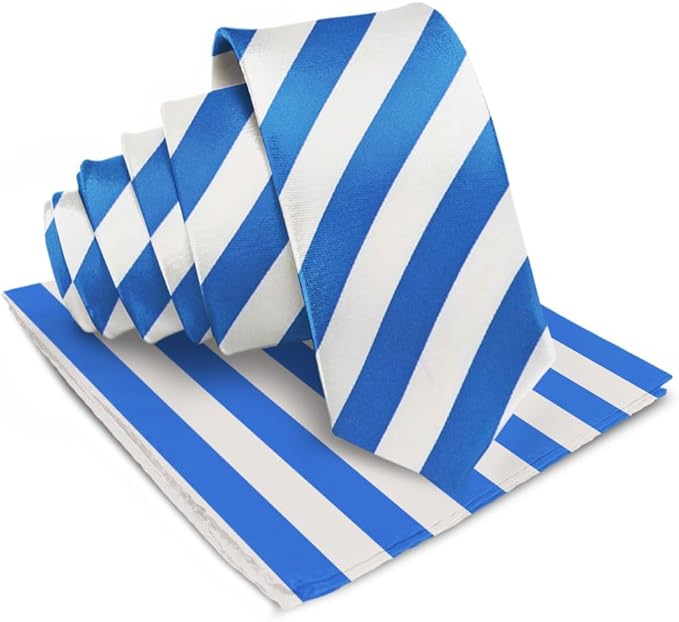 Vittorio Farina Men's Striped Satin Necktie & Pocket Square - Royal Blue and White - Necktie & Pocket Square - Vittorio Farina