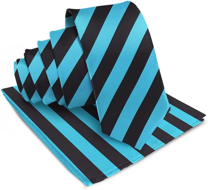 Vittorio Farina Men's Striped Satin Necktie & Pocket Square - Turquoise and Black - Necktie & Pocket Square - Vittorio Farina