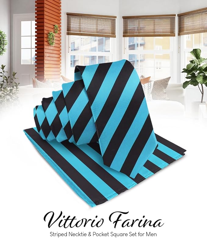 Vittorio Farina Men's Striped Satin Necktie & Pocket Square - Turquoise and Black - Necktie & Pocket Square - Vittorio Farina