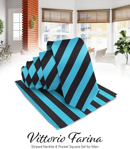 Vittorio Farina Men's Striped Satin Necktie & Pocket Square - Turquoise and Black - Necktie & Pocket Square - Vittorio Farina