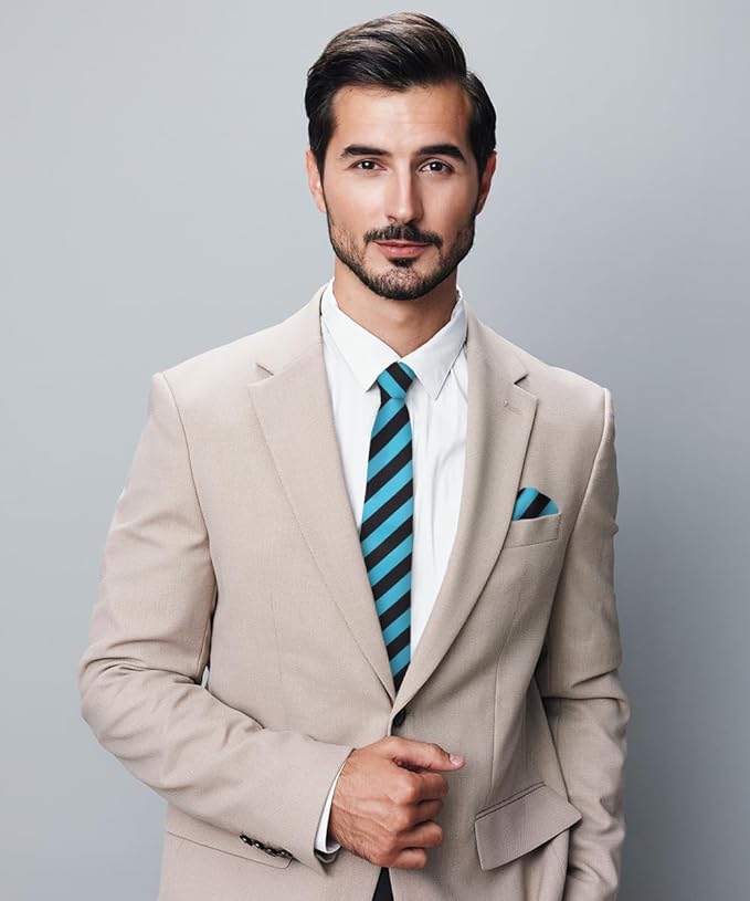 Vittorio Farina Men's Striped Satin Necktie & Pocket Square - Turquoise and Black - Necktie & Pocket Square - Vittorio Farina