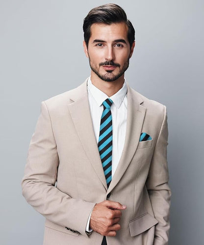 Vittorio Farina Men's Striped Satin Necktie & Pocket Square - Turquoise and Black - Necktie & Pocket Square - Vittorio Farina