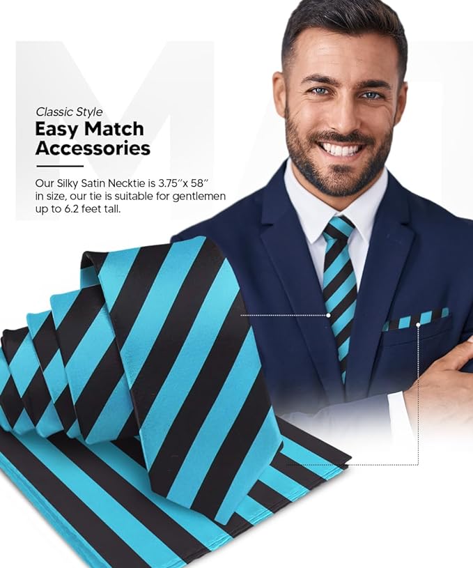 Vittorio Farina Men's Striped Satin Necktie & Pocket Square - Turquoise and Black - Necktie & Pocket Square - Vittorio Farina