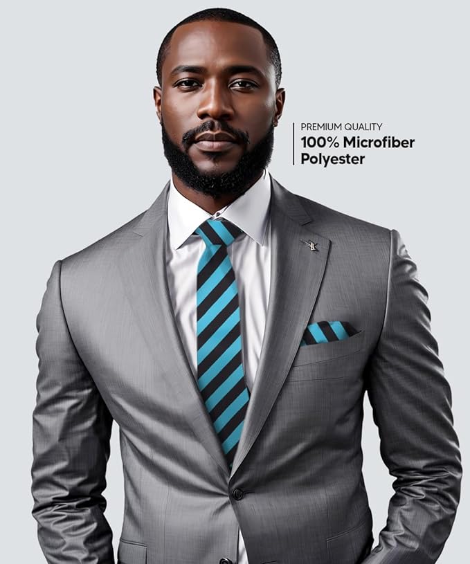 Vittorio Farina Men's Striped Satin Necktie & Pocket Square - Turquoise and Black - Necktie & Pocket Square - Vittorio Farina