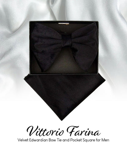 Vittorio Farina Men's Velvet Teardrop Bow Tie & Pocket Square in Gift Box - Black - Bow Tie & Pocket Square - Vittorio Farina