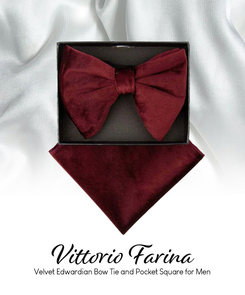 Vittorio Farina Men's Velvet Teardrop Bow Tie & Pocket Square in Gift Box - Burgundy - Bow Tie & Pocket Square - Vittorio Farina