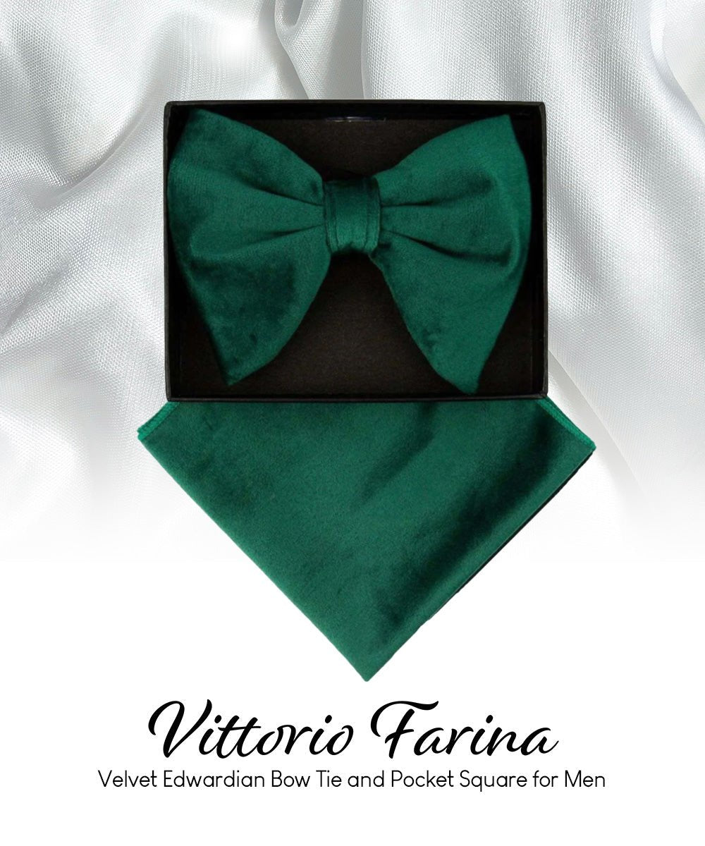 Vittorio Farina Men's Velvet Teardrop Bow Tie & Pocket Square in Gift Box - Hunter Green - Bow Tie & Pocket Square - Vittorio Farina