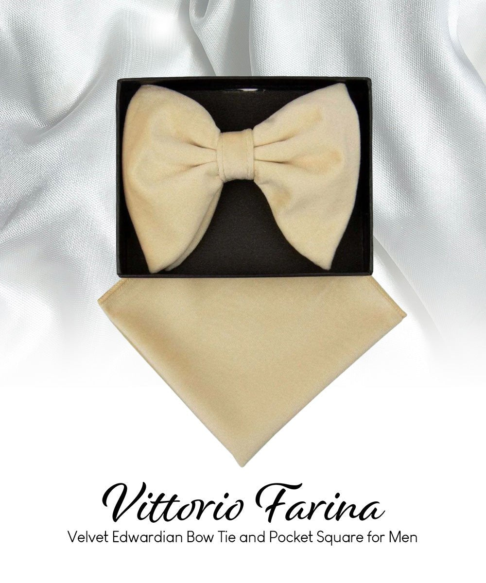 Vittorio Farina Men's Velvet Teardrop Bow Tie & Pocket Square in Gift Box - Ivory - Bow Tie & Pocket Square - Vittorio Farina