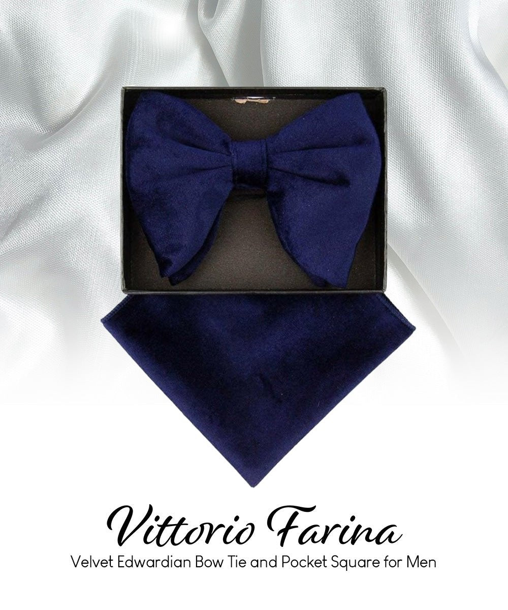 Vittorio Farina Men's Velvet Teardrop Bow Tie & Pocket Square in Gift Box - Navy Blue - Bow Tie & Pocket Square - Vittorio Farina