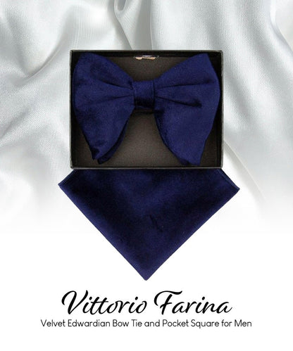 Vittorio Farina Men's Velvet Teardrop Bow Tie & Pocket Square in Gift Box - Navy Blue - Bow Tie & Pocket Square - Vittorio Farina