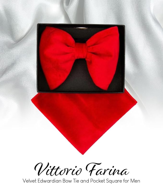Vittorio Farina Men's Velvet Teardrop Bow Tie & Pocket Square in Gift Box - Red - Bow Tie & Pocket Square - Vittorio Farina