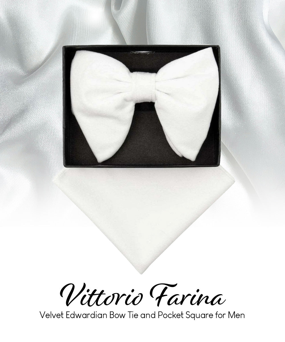 Vittorio Farina Men's Velvet Teardrop Bow Tie & Pocket Square in Gift Box - White - Bow Tie & Pocket Square - Vittorio Farina