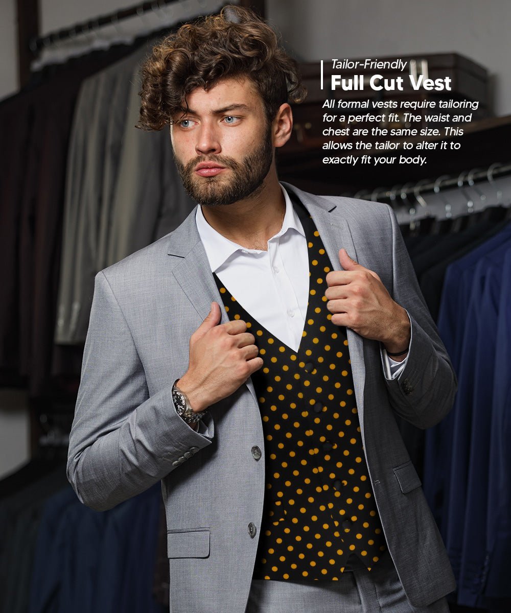 Vittorio Farina Men's White and Black Dot Polka Dot Vest, Necktie, Bow Tie and Pocket Square Set - Black and Gold - Vest Set - Vittorio Farina