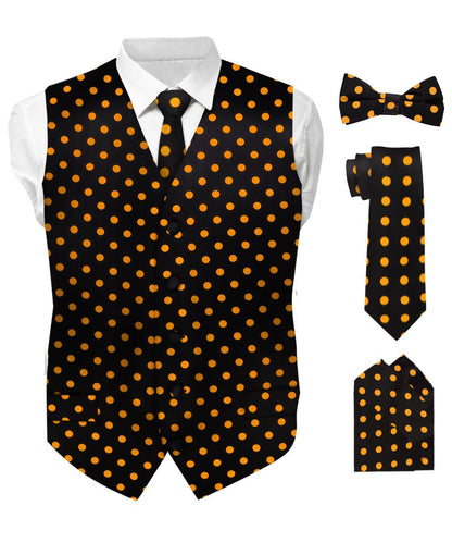 Vittorio Farina Men's White and Black Dot Polka Dot Vest, Necktie, Bow Tie and Pocket Square Set - Black and Gold - Vest Set - Vittorio Farina