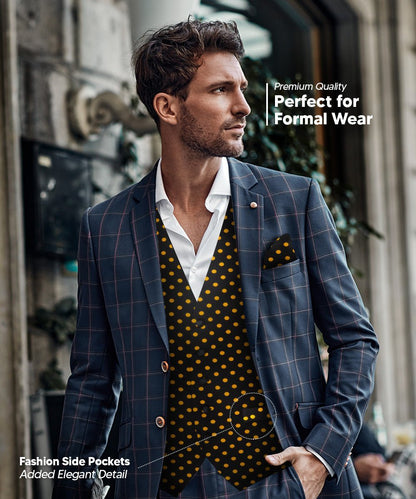 Vittorio Farina Men's White and Black Dot Polka Dot Vest, Necktie, Bow Tie and Pocket Square Set - Black and Gold - Vest Set - Vittorio Farina
