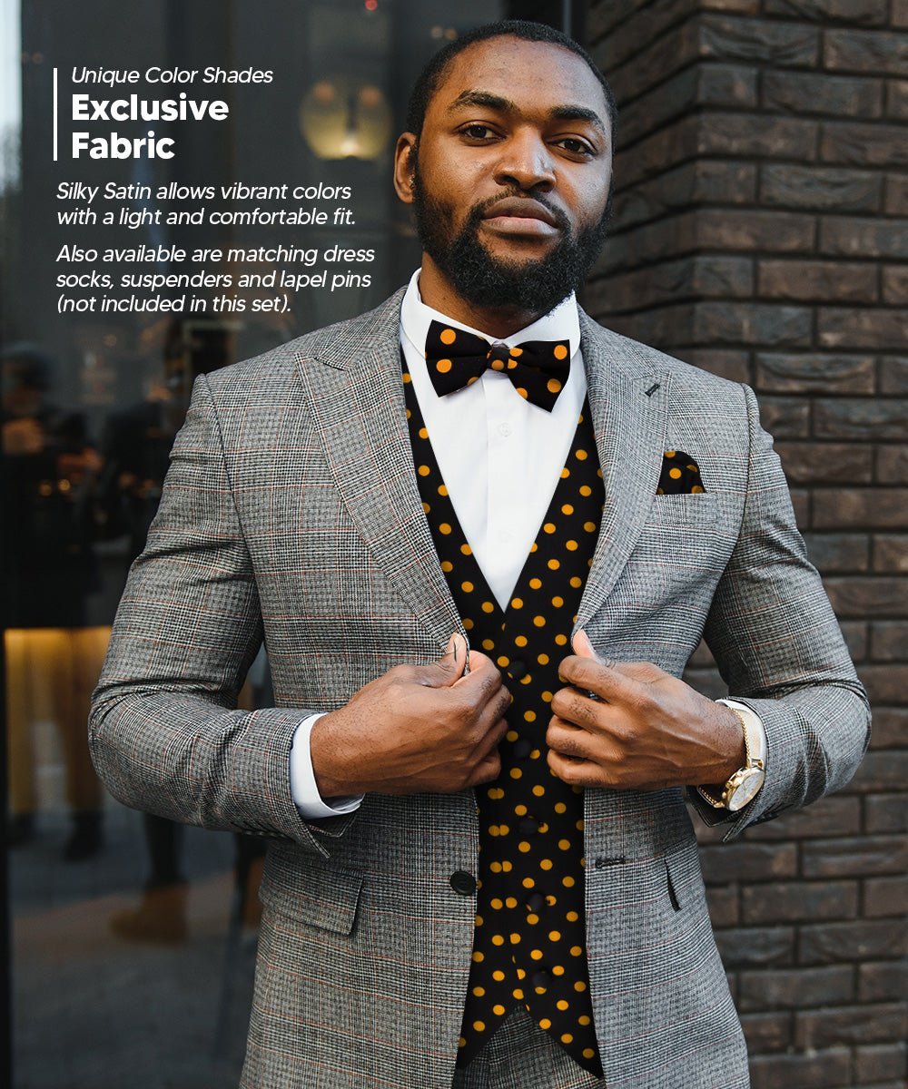 Vittorio Farina Men's White and Black Dot Polka Dot Vest, Necktie, Bow Tie and Pocket Square Set - Black and Gold - Vest Set - Vittorio Farina