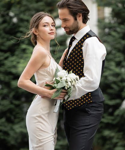Vittorio Farina Men's White and Black Dot Polka Dot Vest, Necktie, Bow Tie and Pocket Square Set - Black and Gold - Vest Set - Vittorio Farina