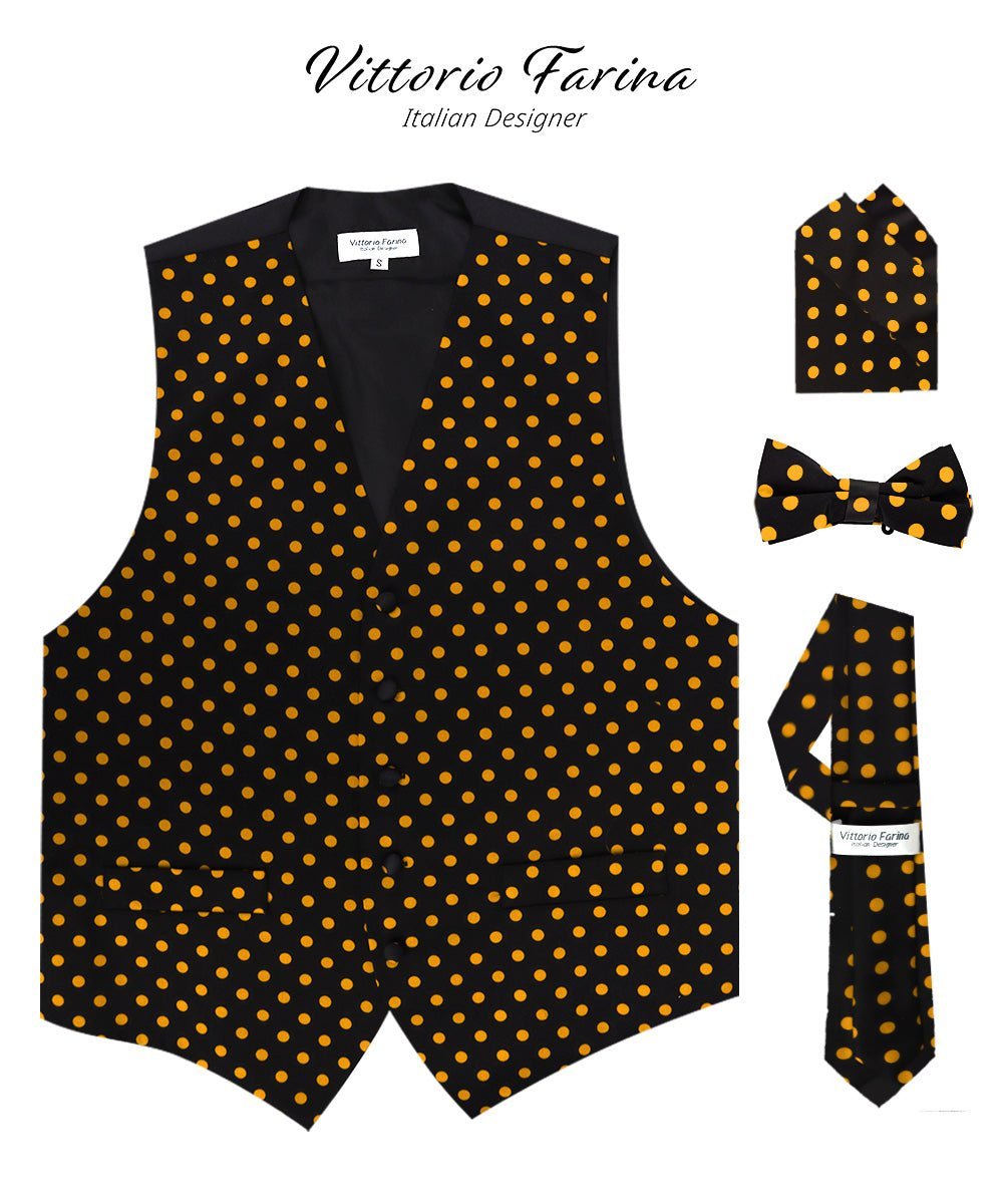 Vittorio Farina Men's White and Black Dot Polka Dot Vest, Necktie, Bow Tie and Pocket Square Set - Black and Gold - Vest Set - Vittorio Farina