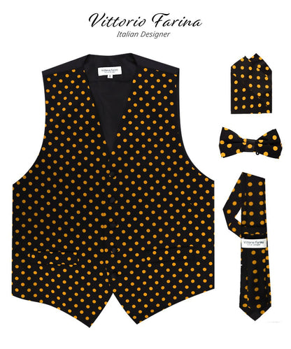 Vittorio Farina Men's White and Black Dot Polka Dot Vest, Necktie, Bow Tie and Pocket Square Set - Black and Gold - Vest Set - Vittorio Farina