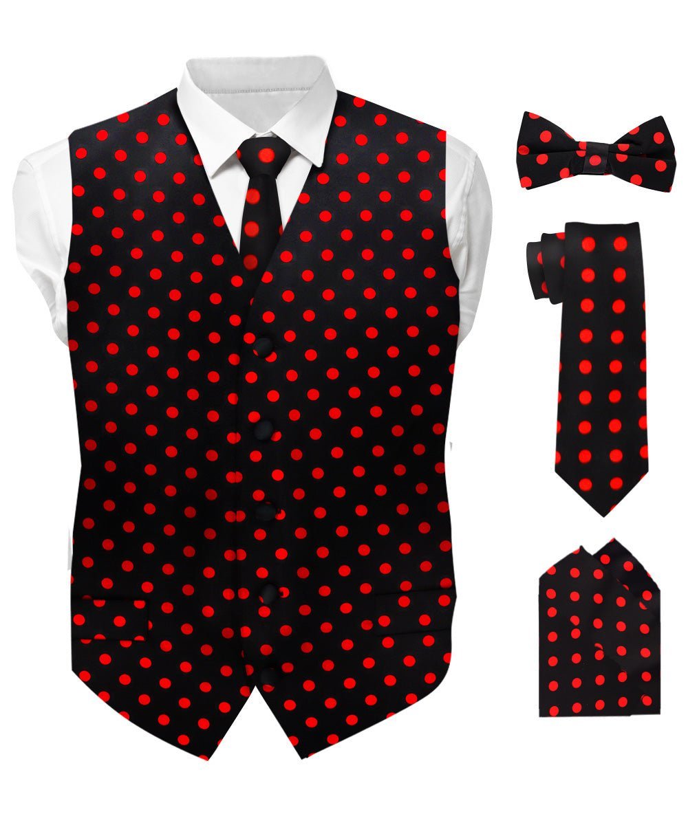 Vittorio Farina Men's White and Black Dot Polka Dot Vest, Necktie, Bow Tie and Pocket Square Set - Black and Red - Vest Set - Vittorio Farina